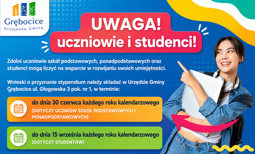Zdjęcie do  Przypomnienie: Zbliżają się terminy składania wniosk&oacute;w o stypendia W&oacute;jta Gminy Grębocice!