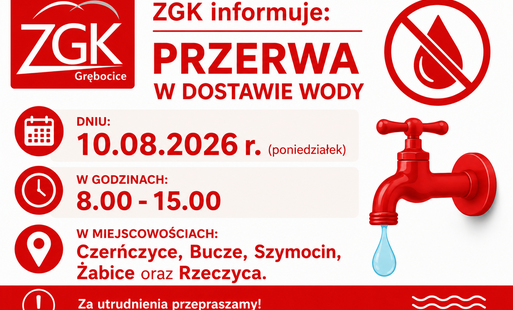Zdjęcie do ZGK informuje: Przerwa w dostawie wody w dniu 10.08.2026 r.